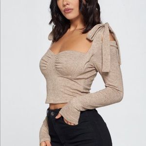 Open Shoulder Long Sleeve Tie Bow Beige Top